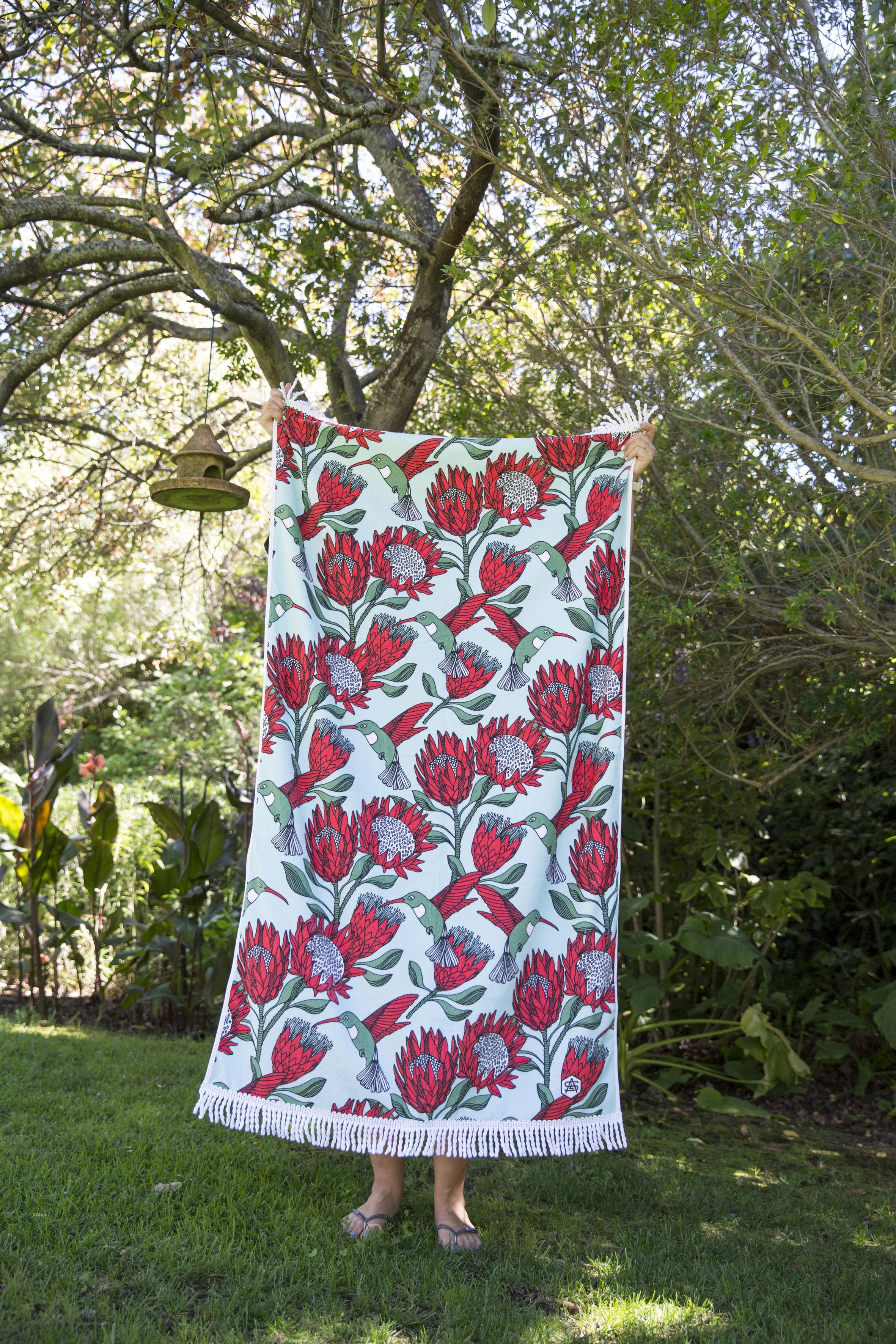 aLoveSupreme Beach Towel Towels aLoveSupreme protea (red on blue)