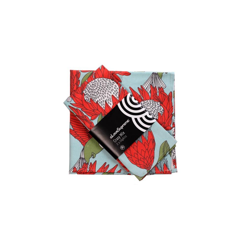 aLoveSupreme Cotton Fabric Napkin Sets with Proteas Tableware aLoveSupreme red on blue