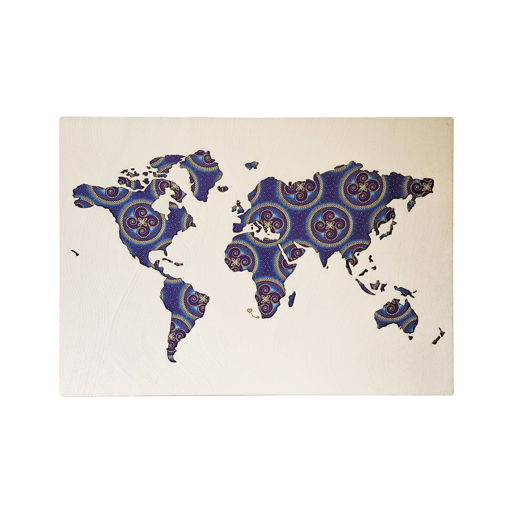 Cape Lasercut Medium World Map Shweshwe Fabric Wall Decor Wall Décor & Art Cape Lasercut