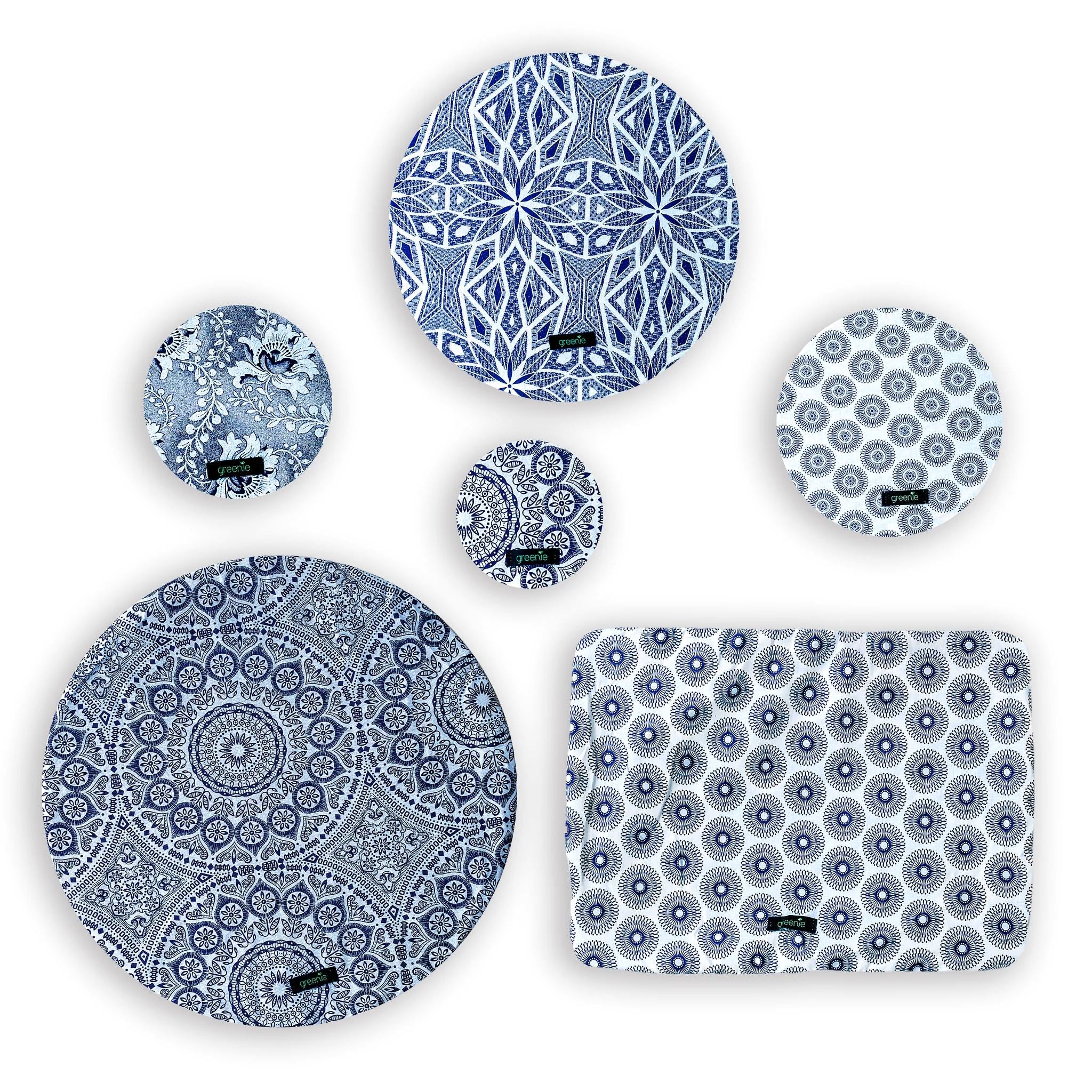 Greenie Food Covers Shweshwe Set of 6 Food Storage Greenie Blue on White