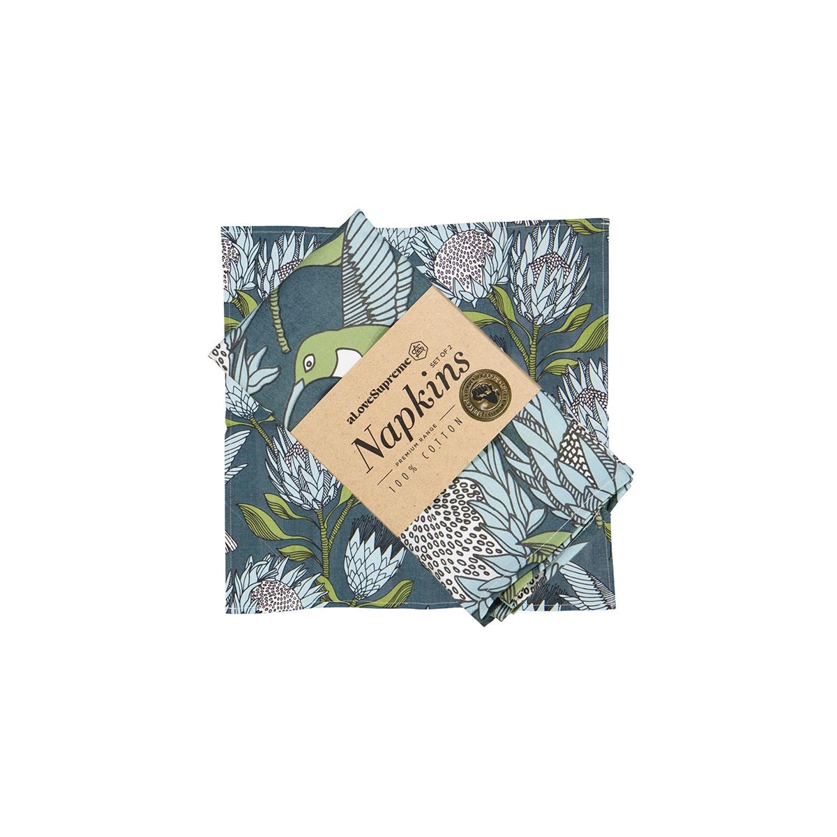 aLoveSupreme Cotton Fabric Napkin Sets with Proteas Tableware aLoveSupreme blue on gunmetal 